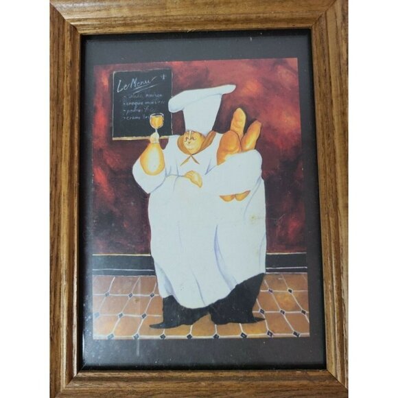 FRENCH Fat Chef Set of Two Wall Paintings Framed - Picture 2 of 7